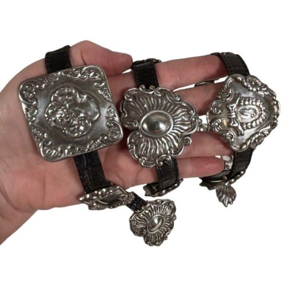 Brighton Accessories - Brighton Concho Belt Women's Black Leather Silver Medallion Vintage 1993 Western